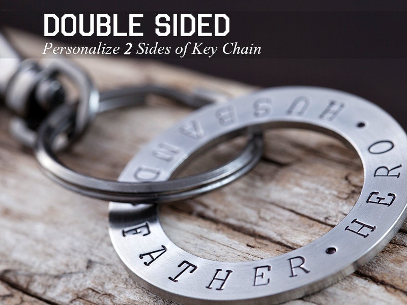 Double Sided - Mens Key Chain - Personalized Stainless Steel Key Ring - Husband.Father. Hero