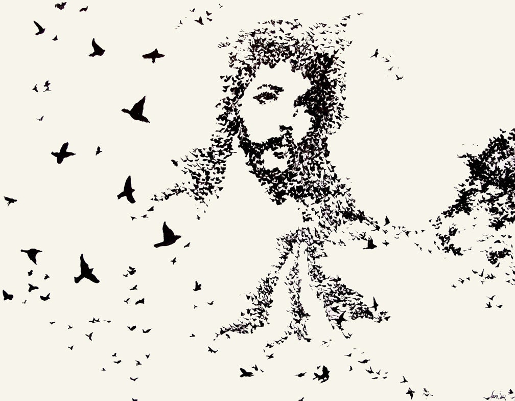 Flock of Birds Jesus Art Print, 11x14, Contemporary Christian Wall Art
