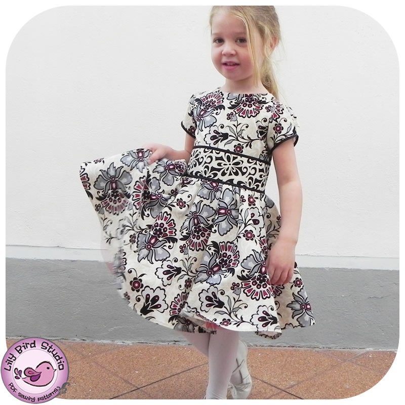 Lily Bird Studio PDF Sewing Pattern - Amanda's Dress - 1 to 10 years - circle skirt, classic bodice, puffy sleeves, wide sash