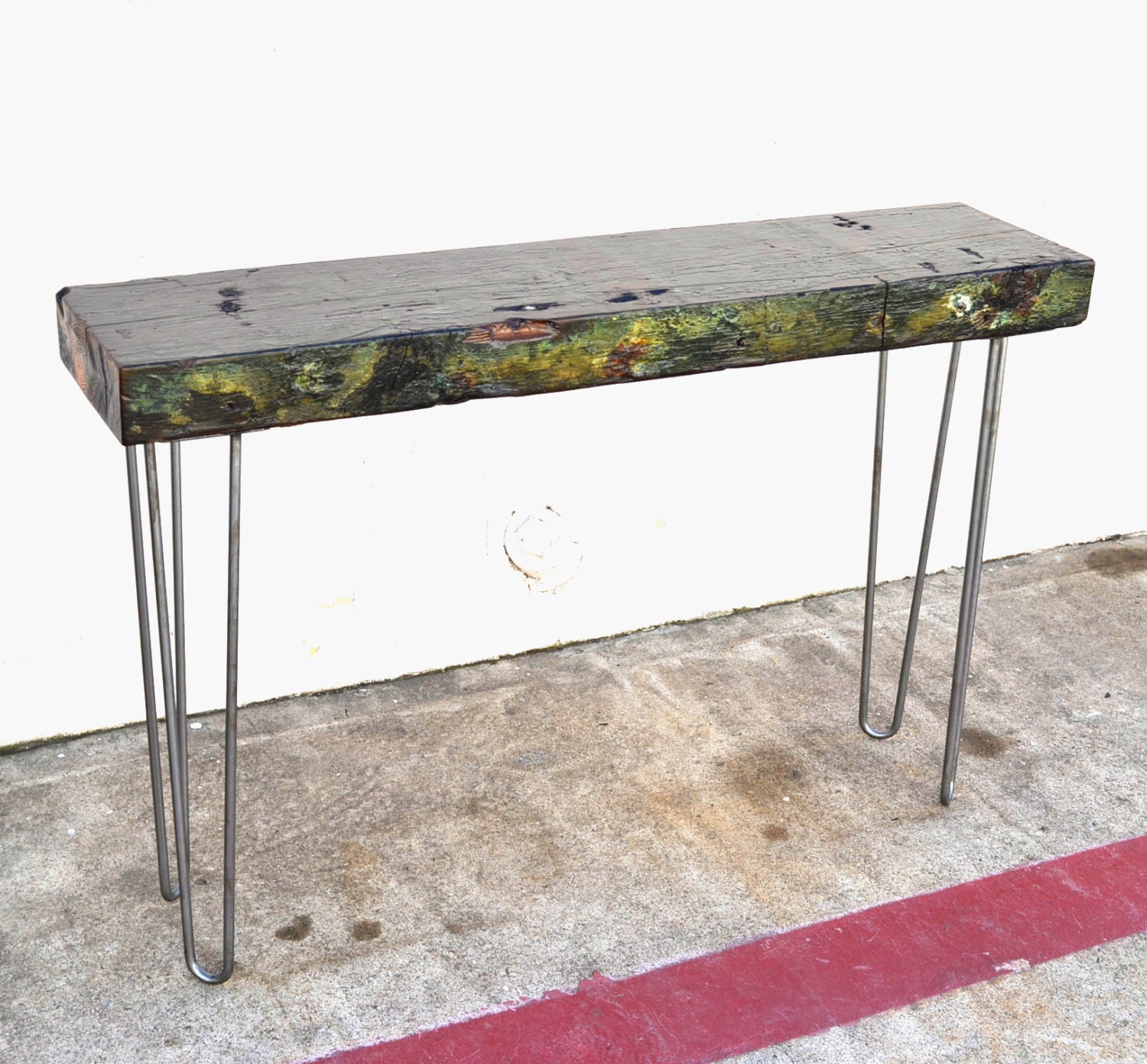 SALE ITEM... 48" Console Table Salvaged Japanese Tsunami Ship Wood On Hairpin Legs
