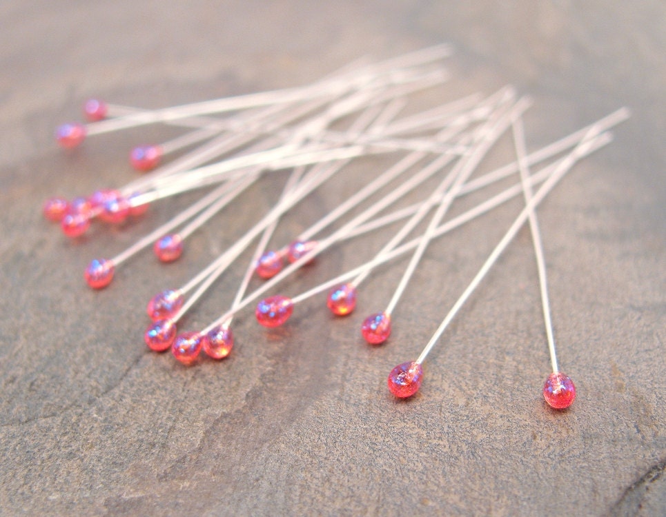 2" Head Pins Fire Berry Glitter JellyPins qty 6 bead wire