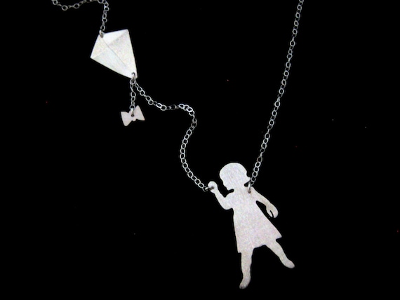 Silver Kite Jewelry - Little Girl Flying a Kite Necklace  - New Mother Gift