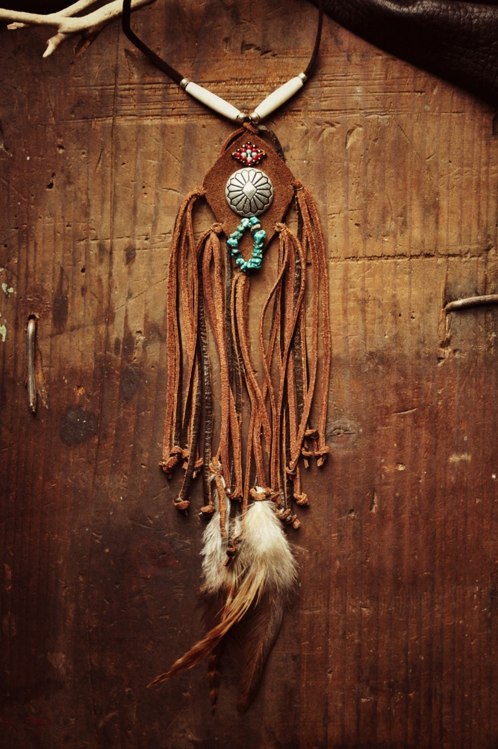 Free U.S. shipping, boho style ecofriendly beaded and metal button  leather fringe necklace,hippie,boho,southwest