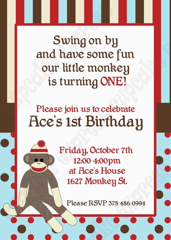 DIY Sock Monkey Light Blue Birthday Printable Party Invitation red brown monkey NEED them printed see price chart... Il_570xn