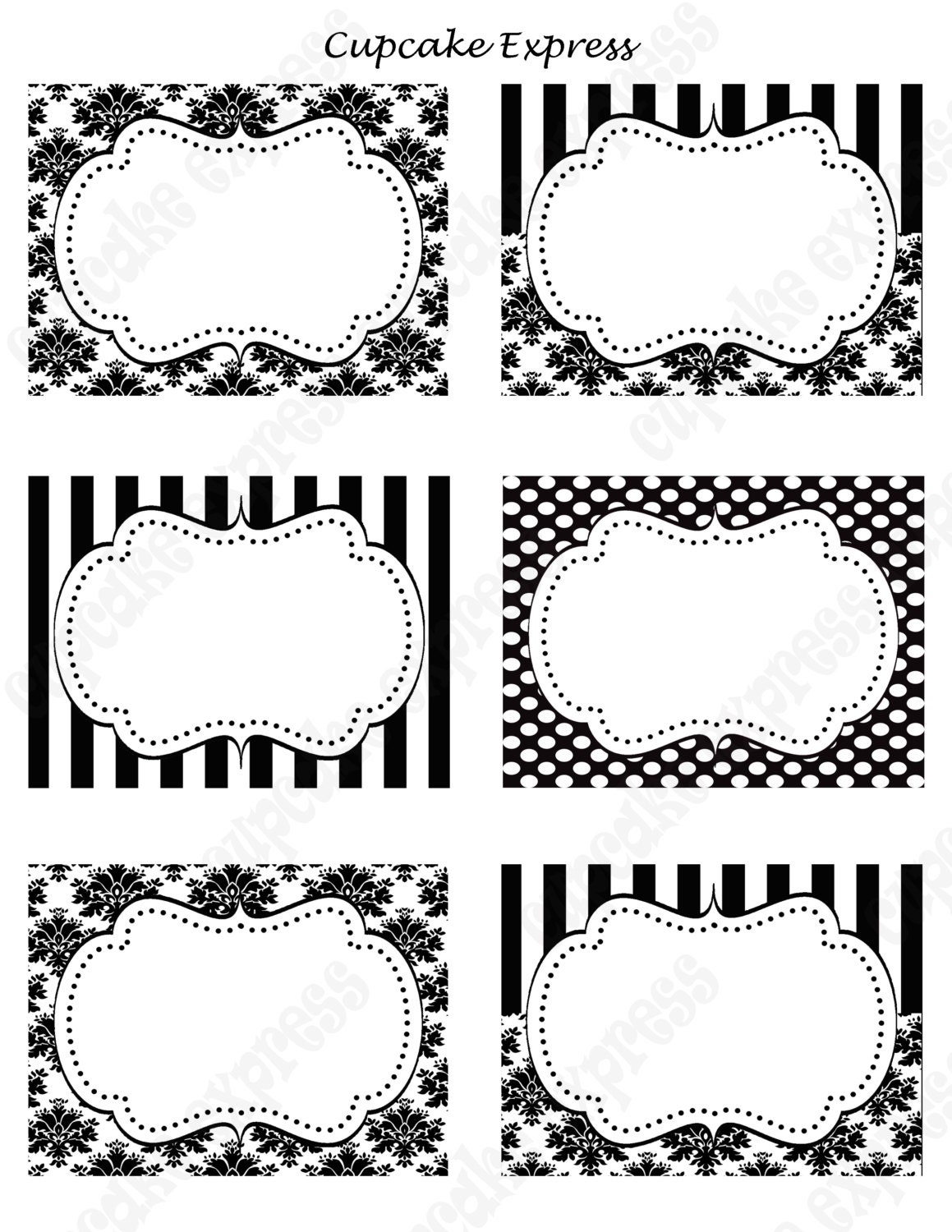 INSTANT DOWNLOAD diy  Paris Black & White Damask stripe polka dots PRINTABLE Party Labels Tags Display card -Cupcake Express