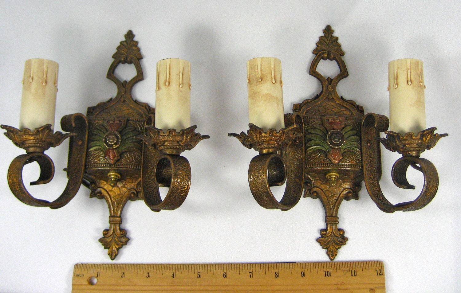 Pair Sconces Vintage Cast Metal Antique Brass Finish Deco Nouveau Polychrome 1920s