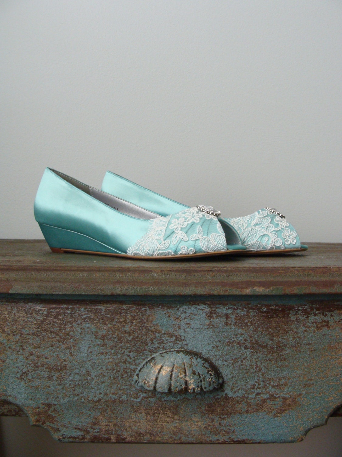 Size 8.5 Lace wedding shoes wide width with wedge heel embellished with ivory French lace and crystal brooch Ready to Ship