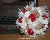Red, Tan, and White Burlap Roses Bridal Wedding Bouquet and Boutonniere Burlap and Vintage Lace Flowers