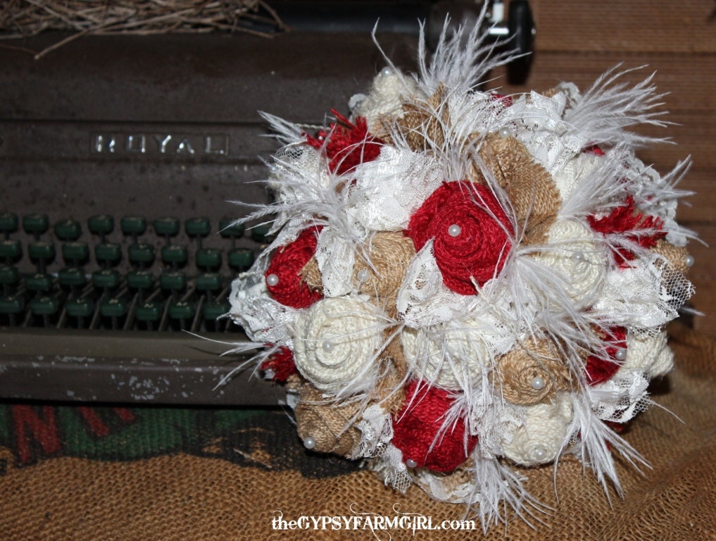 Red, Tan, and White Burlap Roses Bridal Wedding Bouquet and Boutonniere Burlap and Vintage Lace Flowers