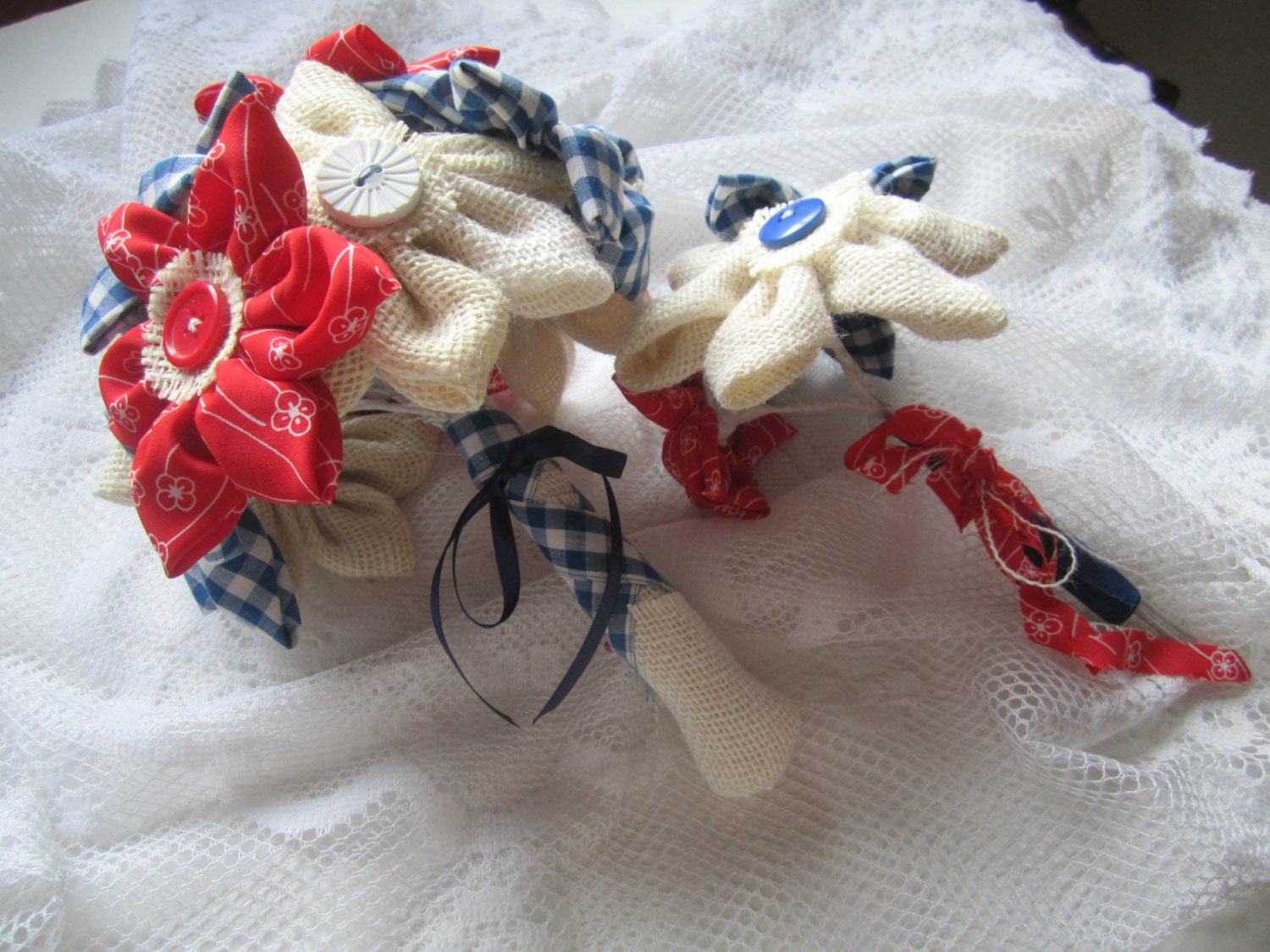 summer sale bouquets boutonniere package 4th of July red white blue fabric flower bridal bouquet wedding package maid of honor flower girl