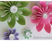 Set of 4 bright color Wall Flowers- pink, green, purple, white