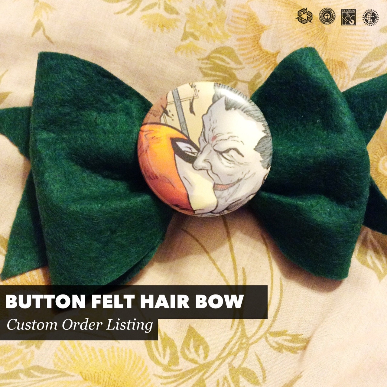 CUSTOM ORDER Button Felt Hair Bow- Character or Photo of your choice - Free Domestic Shipping