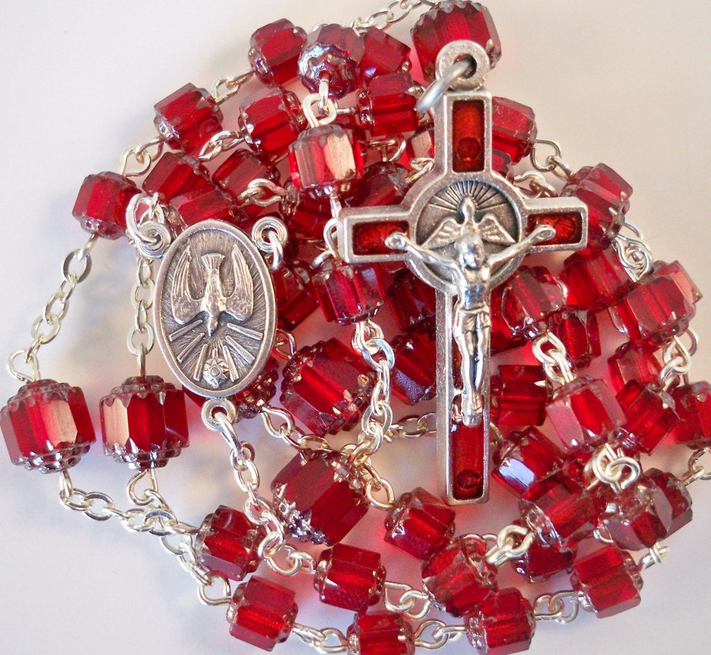 Handmade Catholic Rosary,  Preciosa Deep Red Cathedral Beads, Red Enamel Holy Spirit Crucifix