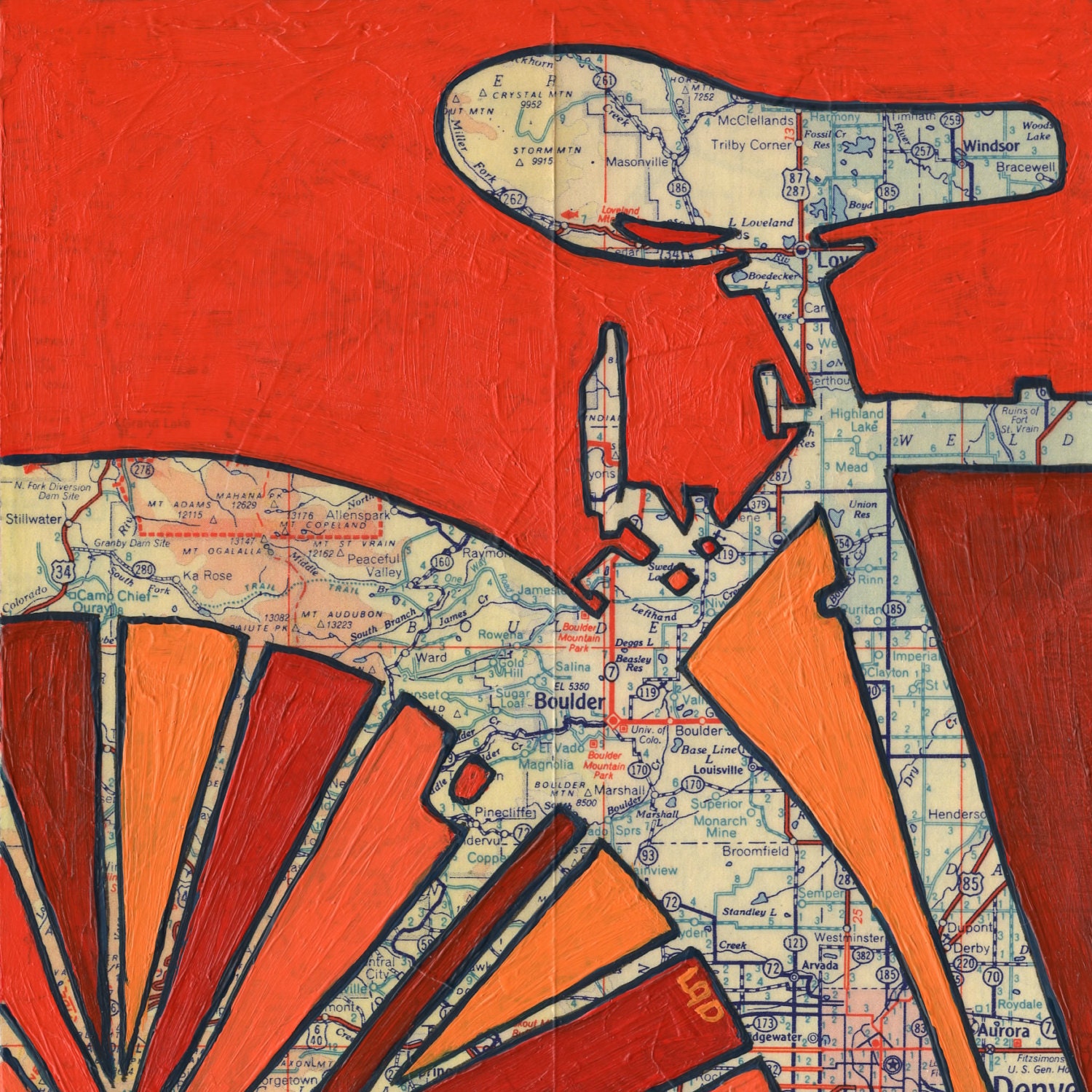 Bike Boulder-bicycle art on a vintage Colorado map