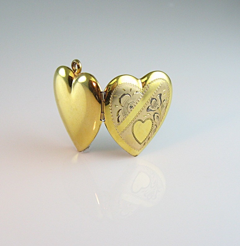 Victorian Style Photo Locket Gold Filled Floral Engraving Heart with a Heart 1950s Jewelry