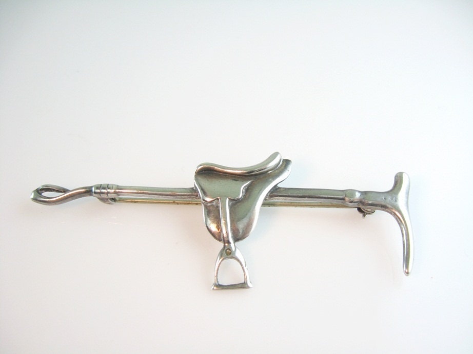 Walter Lampl Sterling Silver Pin Equestrian Stock Pin English Saddle and Riding Crop 1940s