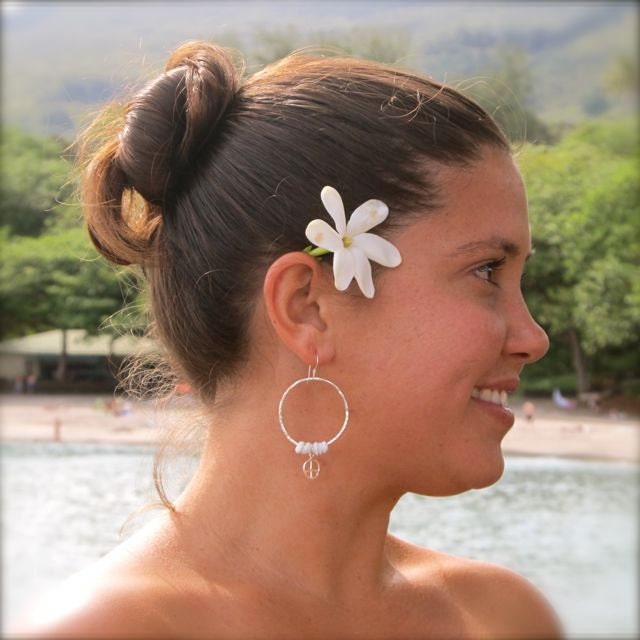 Sterling Silver Hammered Hoop Earrings, Peace Sign, Hawaiian White Puka Shells, Hawaii Beach Jewelry