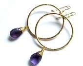 Gold Hammered Hoops, Purple Amethyst, Wire Wrapped, Gemstone Earrings, Gift for Her
