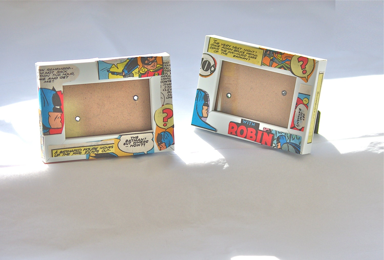 Batman and Robin photo frames set pair of two upcycled vintage dc comics recycled comic book furniture geekery geeky boyfriend nursery