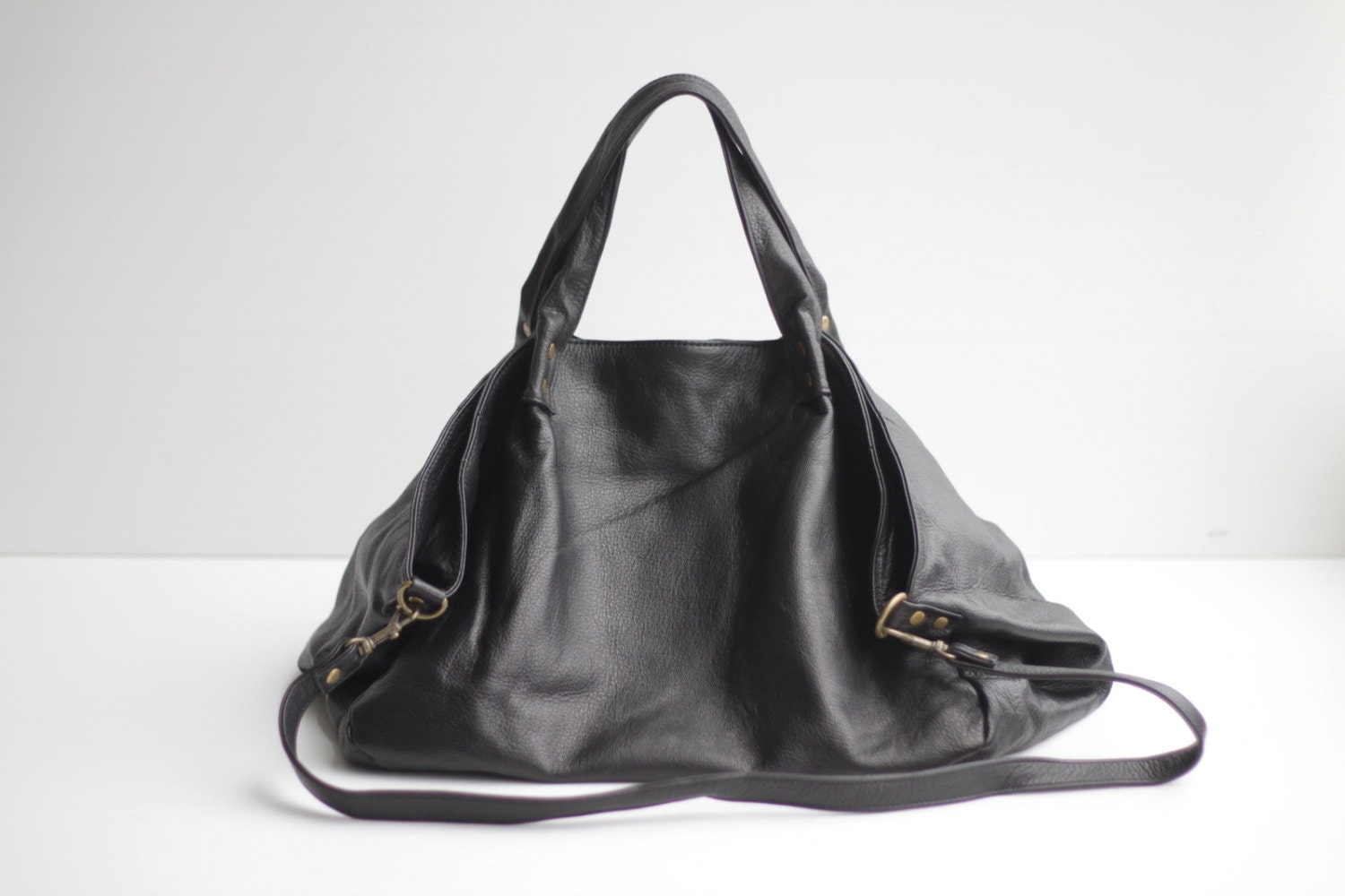 Leather Satchel with Detachable Crossbody Strap in Black- BANDIT