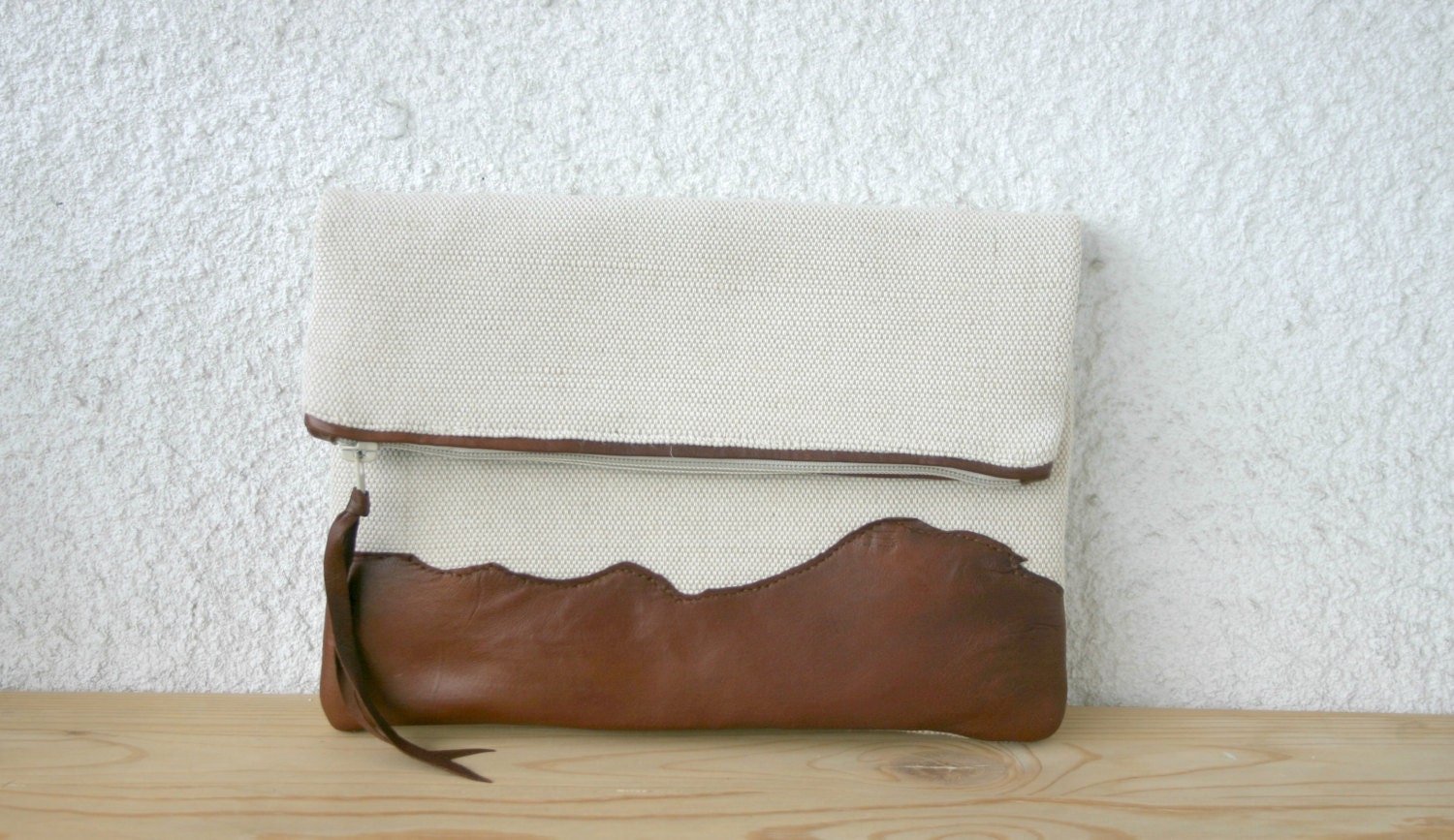 Fold over leather and canvas clutch, brown, autumn, fall fashion