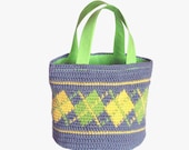 Little purse crochet in neon green and yellow with plaid motives, crochet hand bag