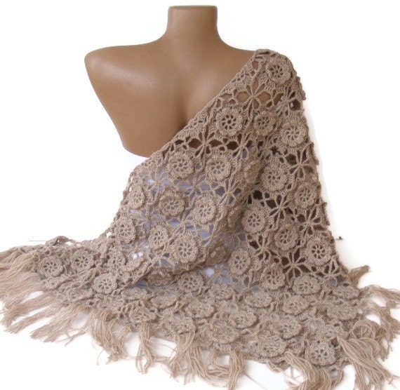 shawl ,women hand crocheted shawl ,beige shawl, Wrap ,Stole ,Shrug ,womens fashion , 3D Flowers