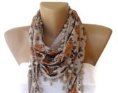 for her , fashion scarf , floral print scarves with pom pom trim , beige mustard , gifts for her