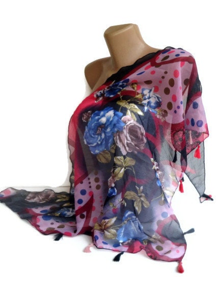 floral cotton women scarf , colorful floral print pattern,polka dot , pretty scarf ,for her