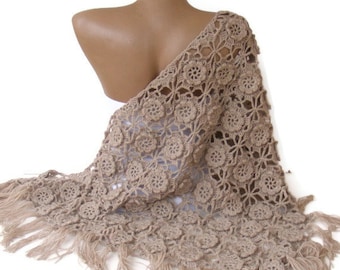 Mothers Day gift , shawl ,women hand crocheted shawl ,beige shawl, Wrap ,Stole ,Shrug ,womens fashion