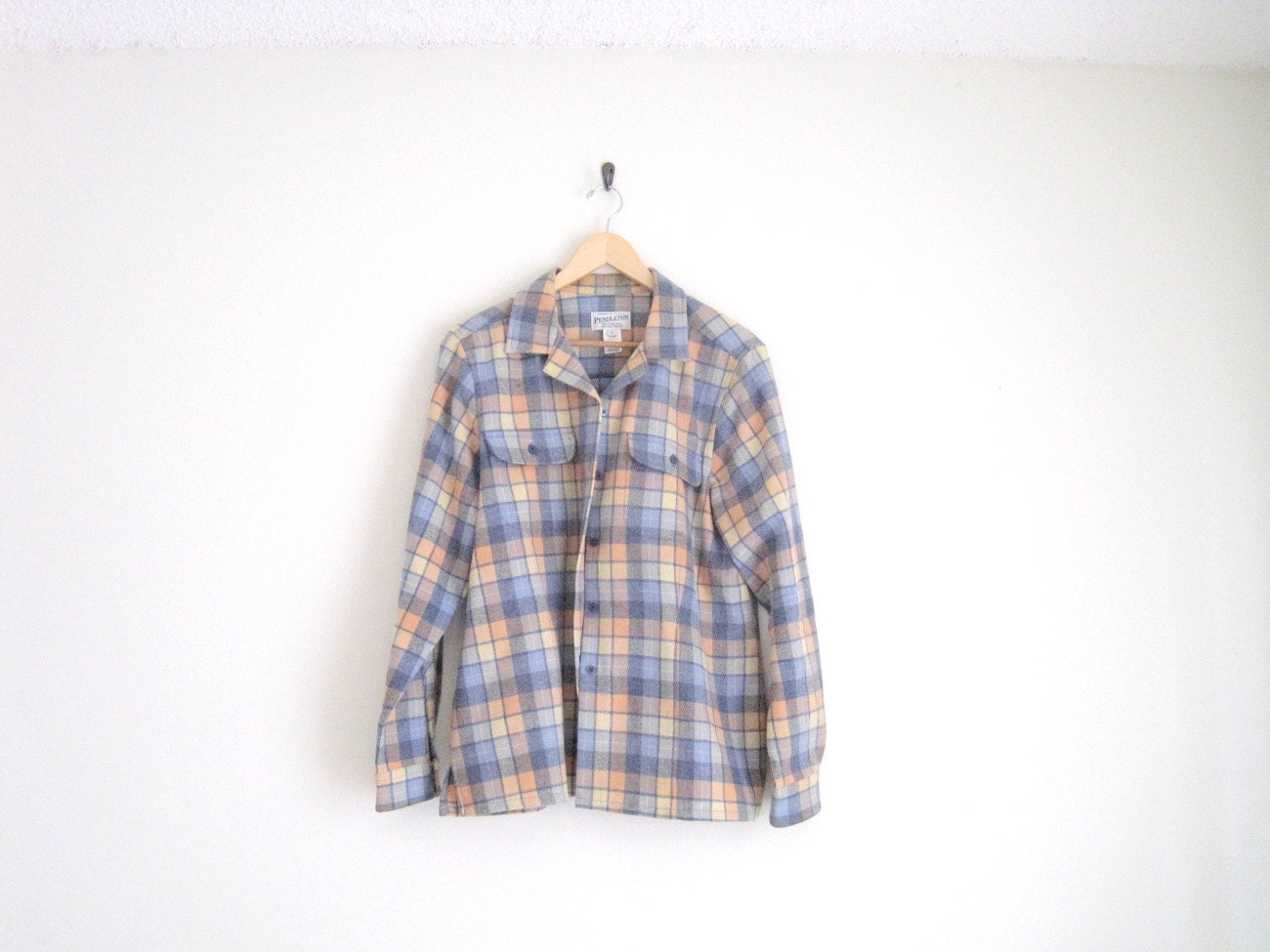 vintage 90s shirt / pendleton plaid flannel shirt / button down / pale grey blue / lumber jack forest / unisex / oversized shirt
