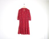 vintage 70s dress / red sheer dress with polka dots / flirty pleated skirt / button down / billowy top