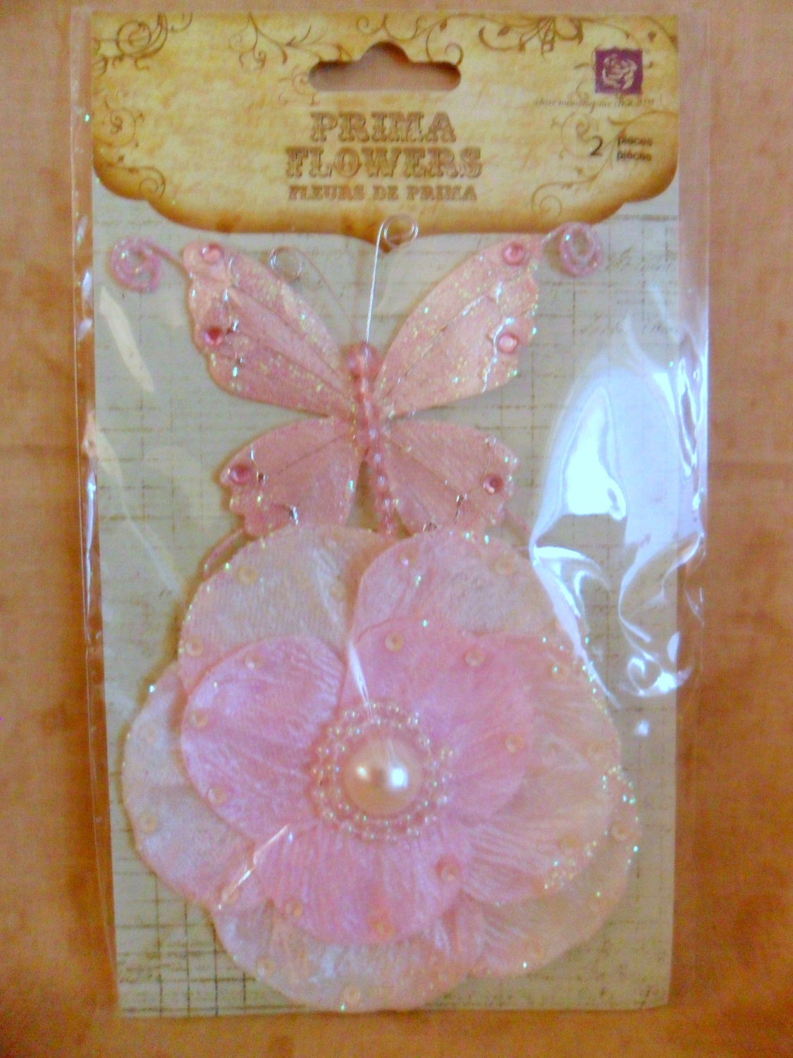 Andorra Pink Pearl Flower and Butterfly Embellishments by Prima-SALE
