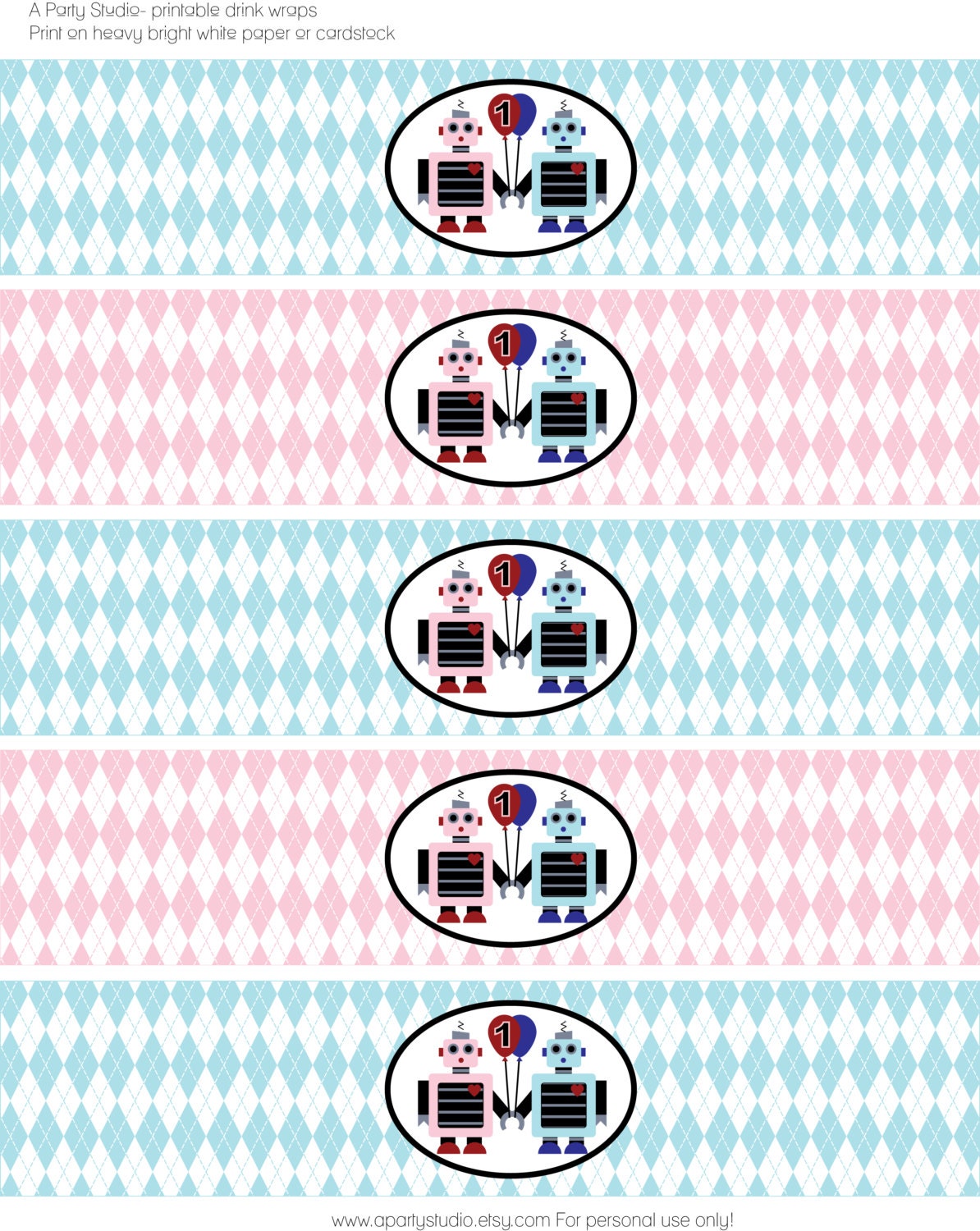 Robot Birthday Party for Twins- Water bottle Wrapper- Print your own Il_570xn