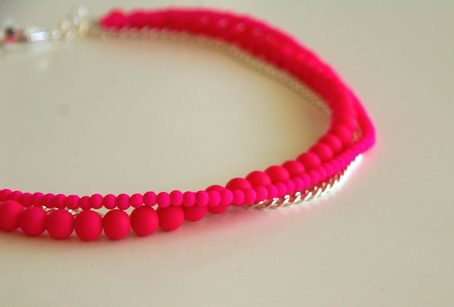 Neon Pink Glass Pearl & Silver Chain Necklace