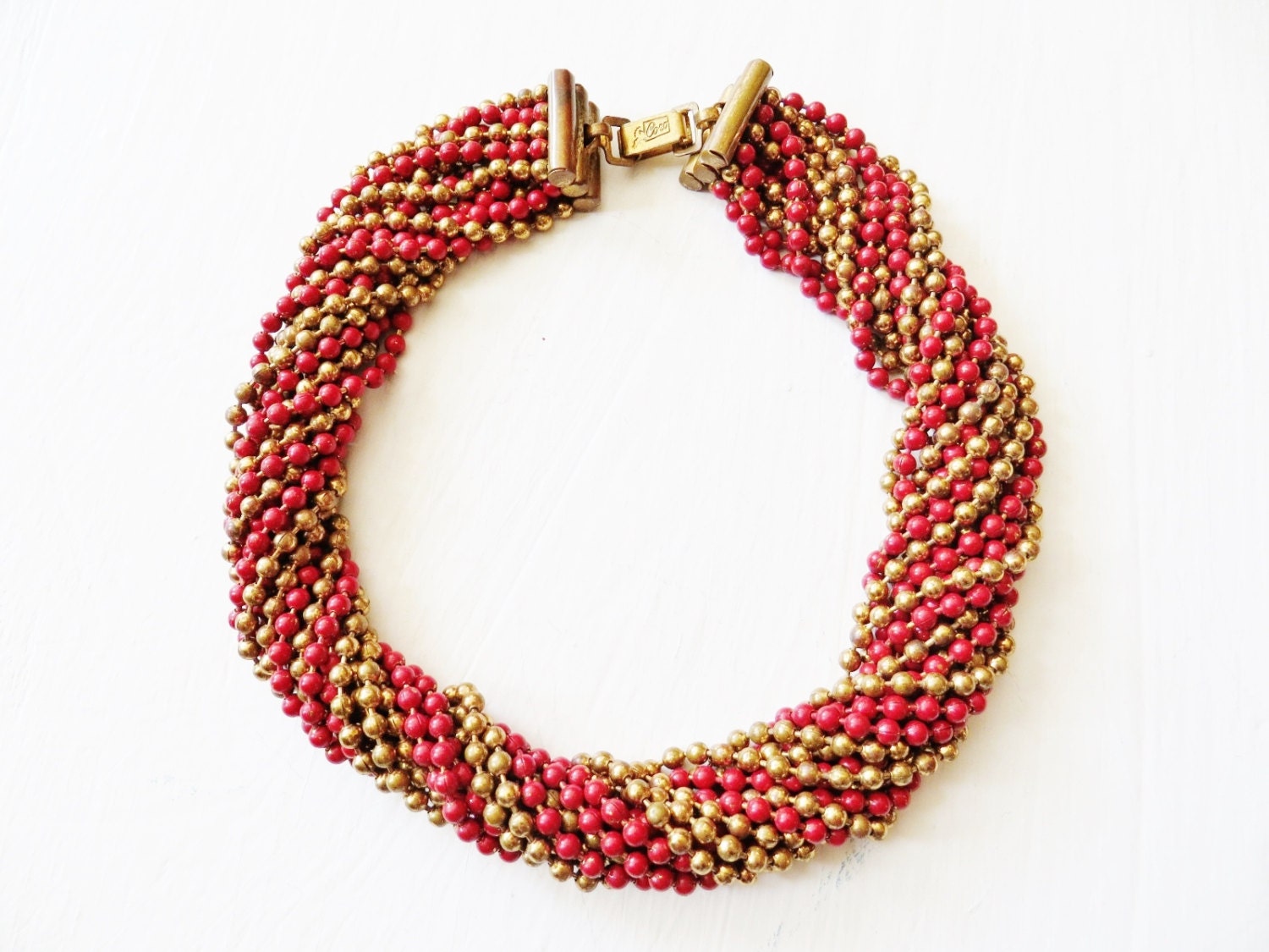 Enamel Ball Chain Necklace Multistrand Brass Art Deco Jewelry Coro Pegasus Vintage 1930s Cherry Red