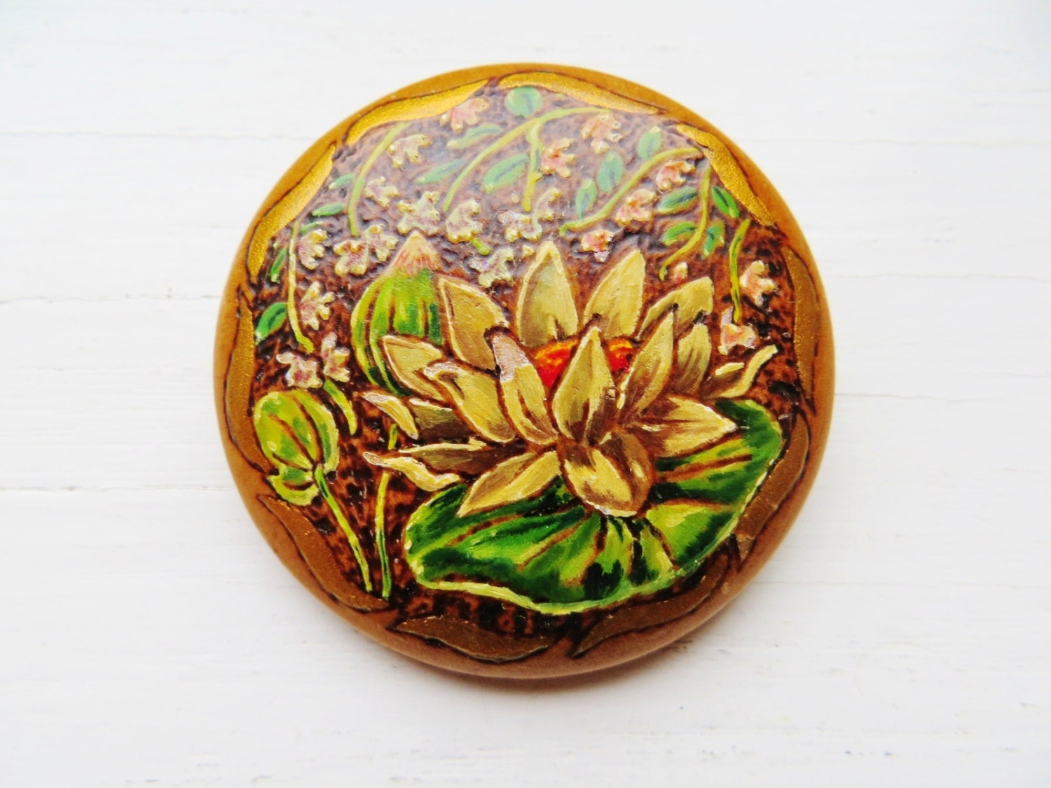 Vintage Hand Painted Brooch Carved Wood Flower Jewelry Pennsylvania Dutch Folk Art Pin Irvin H Herbine 1950s Jewelry
