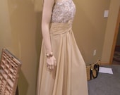 1950s ADELE Style  pLUS sZ SUNFLOWER  Light GOLD Chiffon & Sequined Gown.Dress.Flowing skirt.Thick lining.Grecian Roman Waist