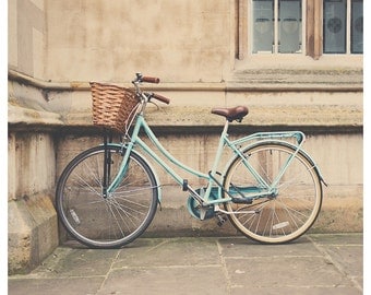 mint green bike cambridge photo print - whimsical fine art color photography, wheels, wall, brick, transport - 12x12