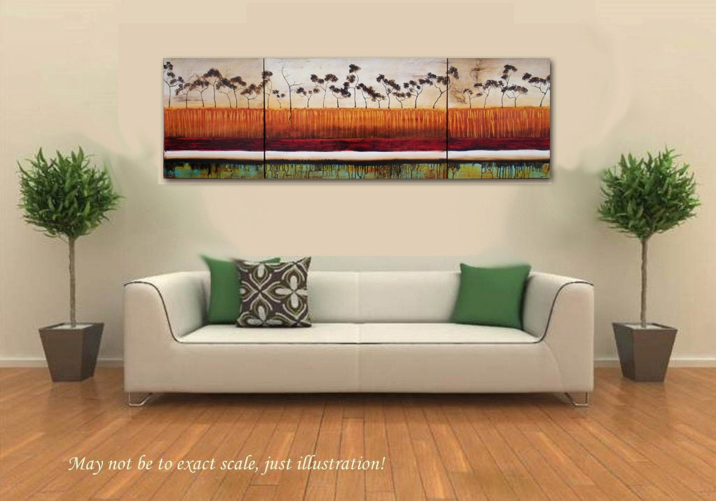 Tree Painting Textured Original Abstract Painting Huge Red & Orange Painting on Canvas Contemporary Wall Art Triptych 76x24 Heather Day