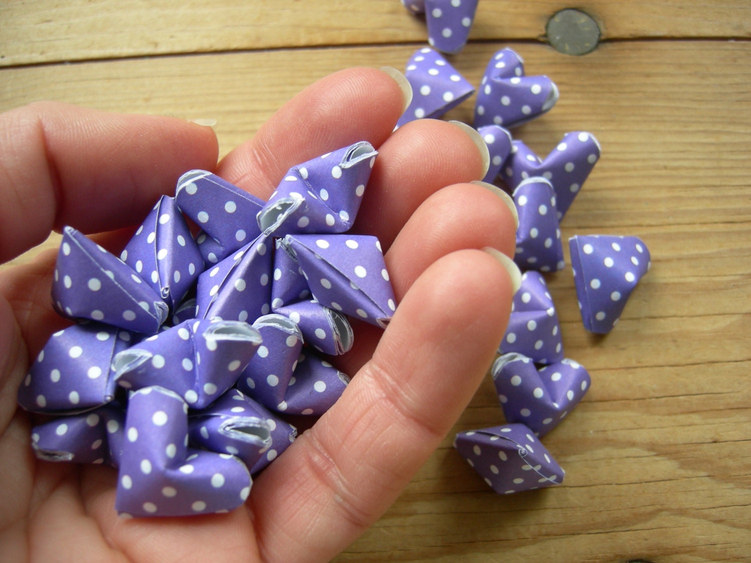Purple Polka Dot Origami Hearts, set of 24.
