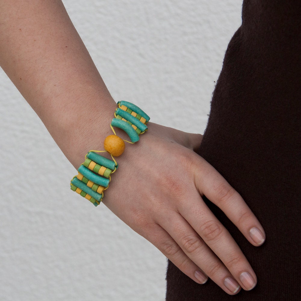 Green Mint Yellow Bracelet, Green Mint Yellow Ceramic Bracelet, Ceramic Bracelet, Beaded Jewelry