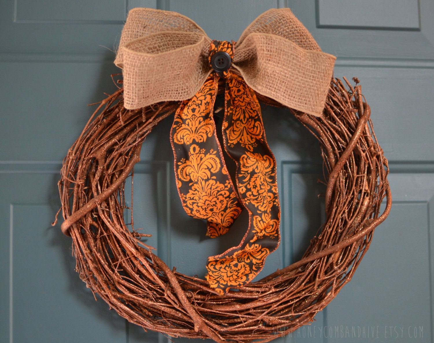Halloween-Fall Burlap and Grapevine Orange Glitter Wreath