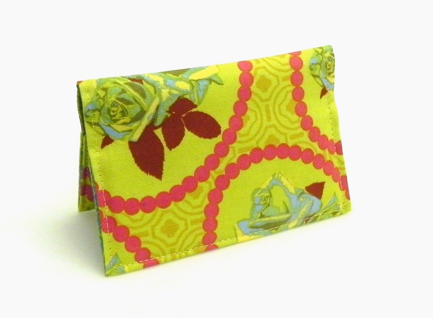 Business Card Holder - Roses in chartreuse green, aqua and pink
