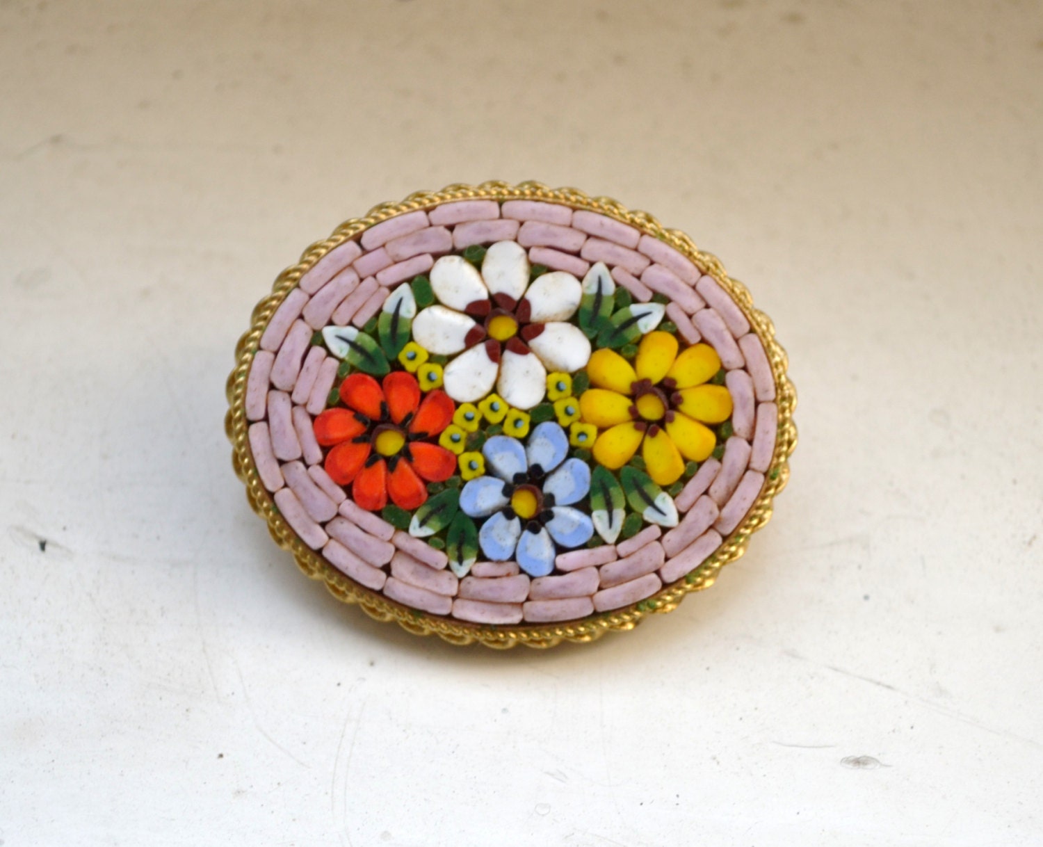 Micro Mosaic Pink Flower Brooch Gold setting from ITALY. use as pin or convert to pendant