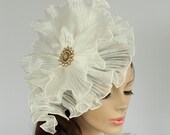 White Organza Bridal Head Piece III: Ruffled Weddings Hat Fascinator, Rhinestone Accented.  Handmade