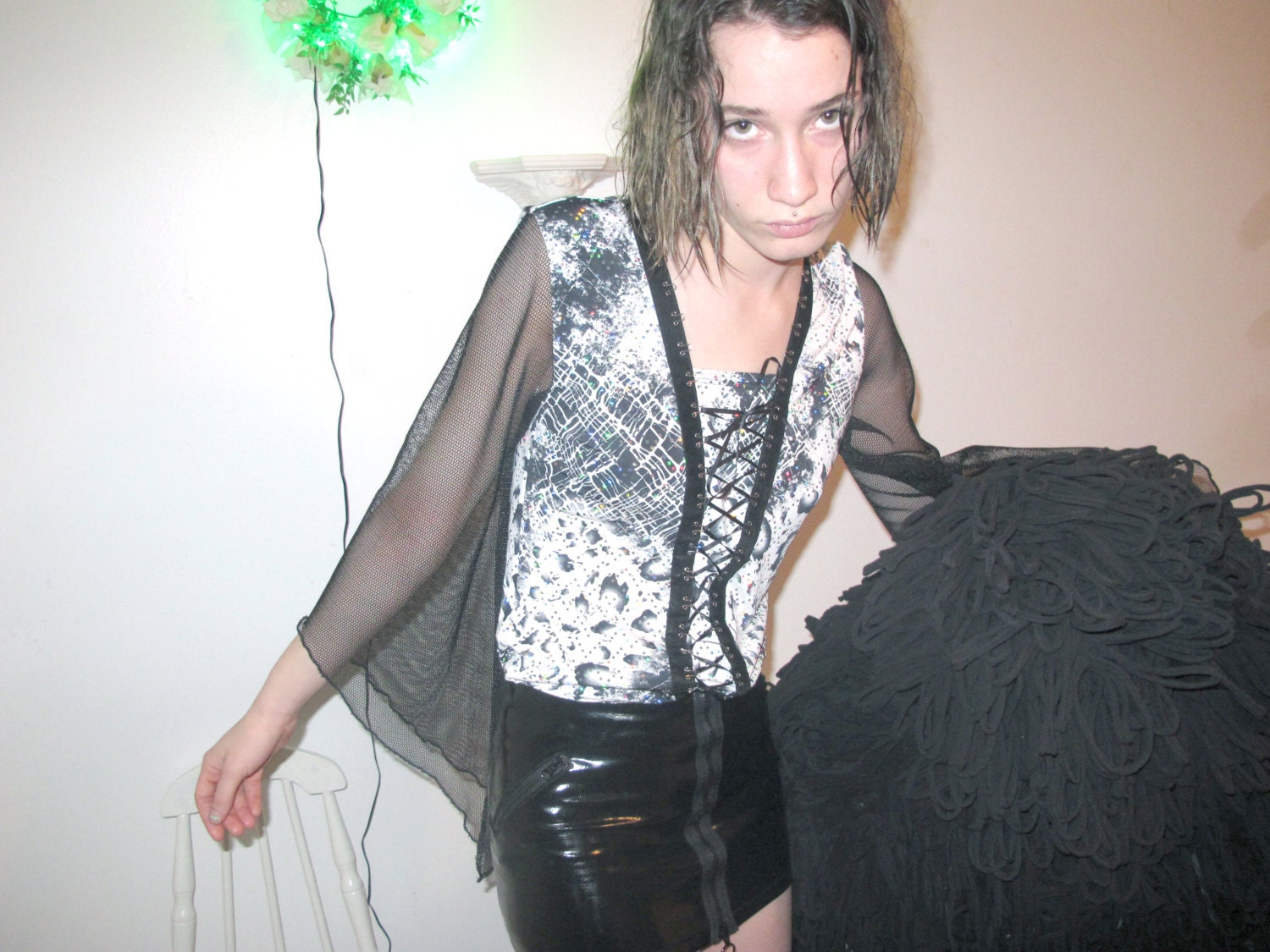 90s hologram corset sheer sleeve top S
