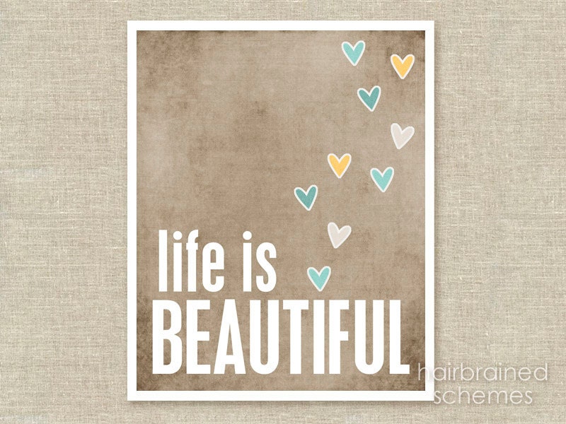 Poster Life Beautiful - Beautiful Life Art Print - Taupe Brown Yellow Blue Hearts