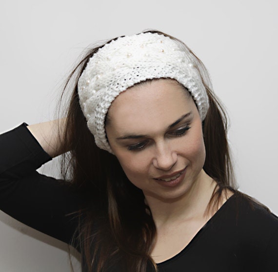 White Headband with Pearls, Hand Knit Woven Hair Band,   Ear Warmer, Headwarmer, Teen Women Accessories, Head Wrap, Valentine's Gift