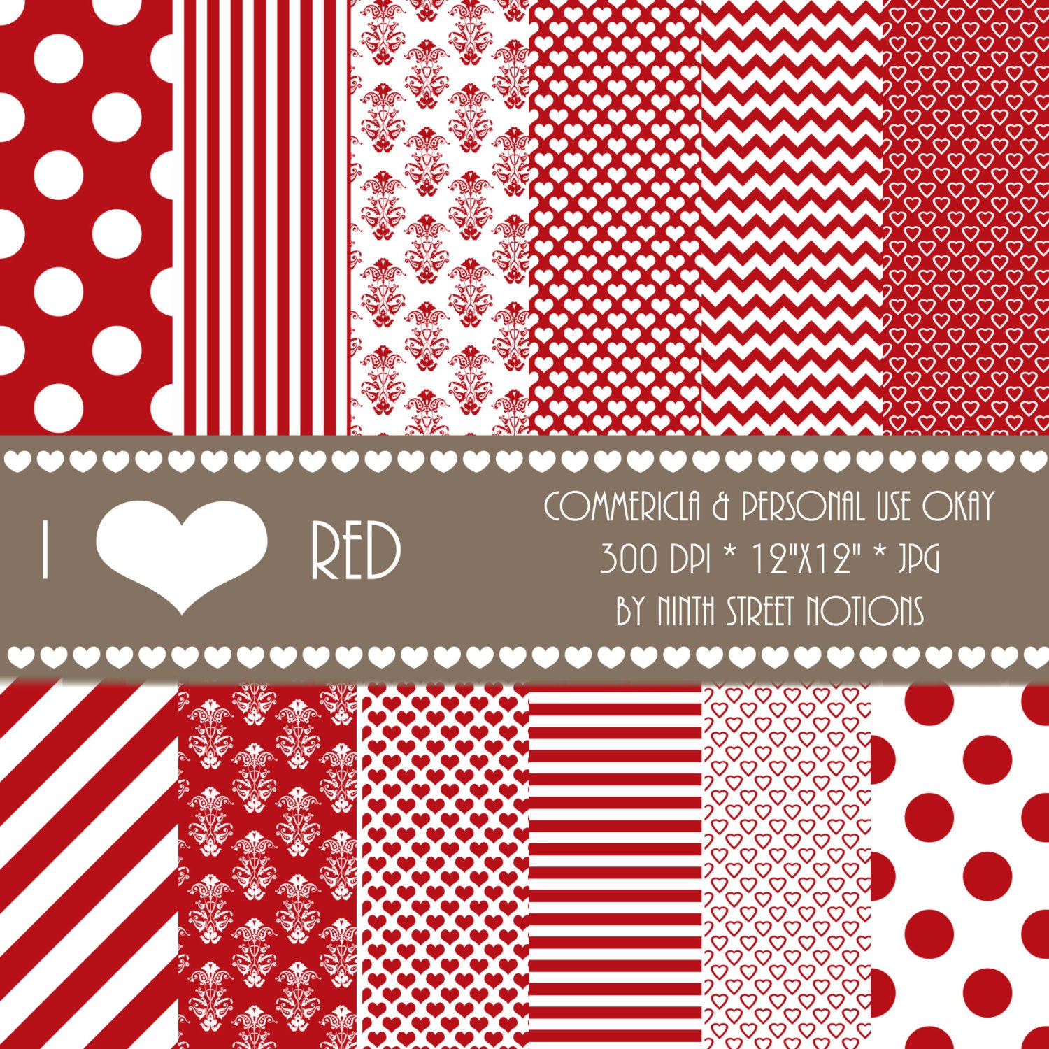 Red Patterned Digital Scrapbook Papers 12x12 - for invitations, blog design, photographers